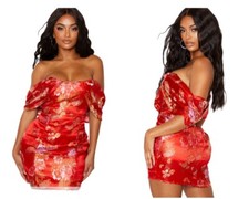 pretty little thing Red Oriental Bardot Dress