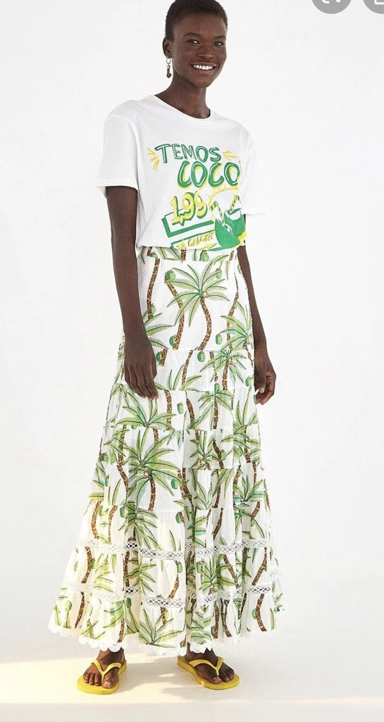 Farm Rio Swinging Palm tiered crochet scalloped Maxi Skirt XS | eBay