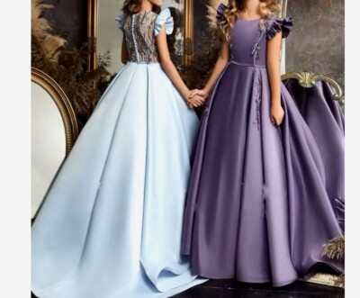 Satin Purple Fluffy Flower Girl Dress Weddings Gowns Kids Birthday Ball Evening 