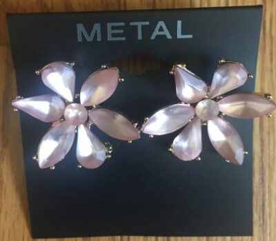 New Kohl's Metal Earrings Peach Pink Flower Rhinestones Bling
