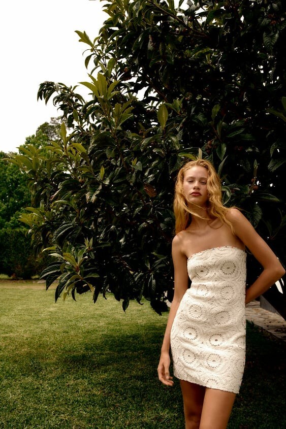 strapless crochet dress Strapless Crochet Layered Midi Dress