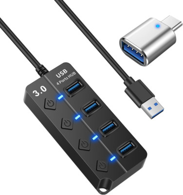 USB Hub 3.0 - 1 in 4 Out Splitter with Individual Switches, USB Adapter