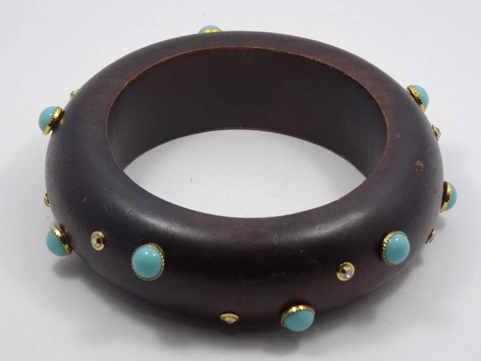 Signed BARRERA 25 mm RHINESTONE & FAUX TURQUIOSE WOODEN BANGLE BRACELET Foto 3 de 4