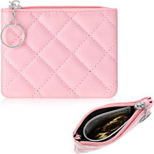 Pink Small Coin Purse for Women Girls PU Leather Zipper Mini Wallet Keyring