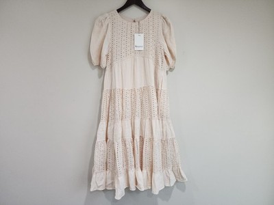 &Merci The Gracin Eyelet Tiered A Line Midi Dress Women Large Cream Keyhole Back