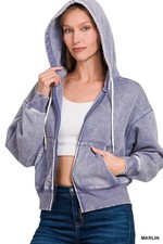 ZENANA  MARLIN BLUE ACID WASH CROP LENGTH FLEECE ZIP UP HOODED SWEATSHIRT 4308