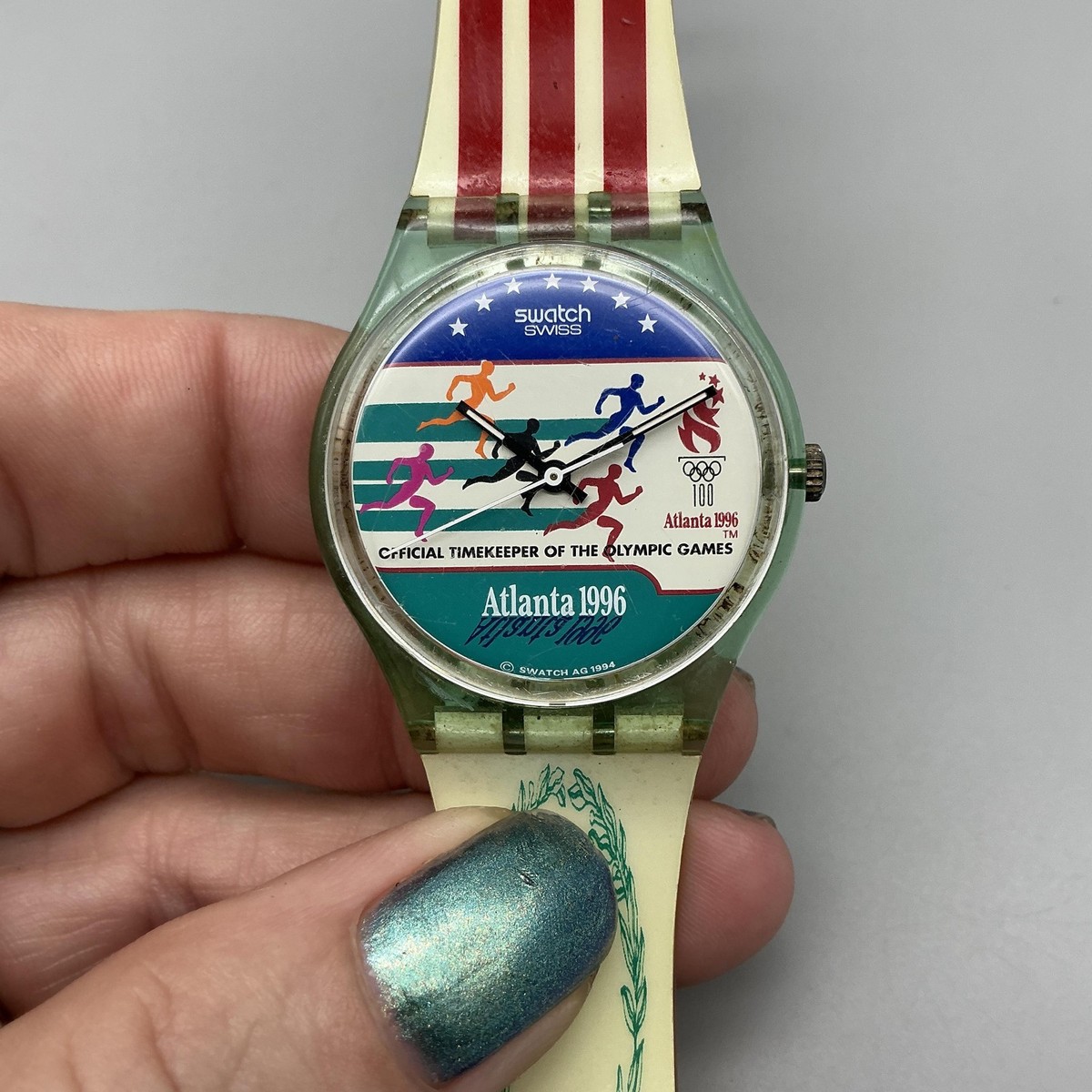 Vintage Swatch Atlanta 1996 Mens Watch 34mm Olympic USA Flag Swiss