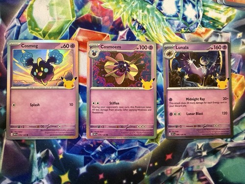Pokemon 30th Celebration - Lunala, Cosmog And Cosmoem HOLO STAMPED. Pokemon TCG