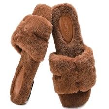 Womens Fur Slippers Comfy House Slides Sandals Open Toe Memory Foam 10 Brown