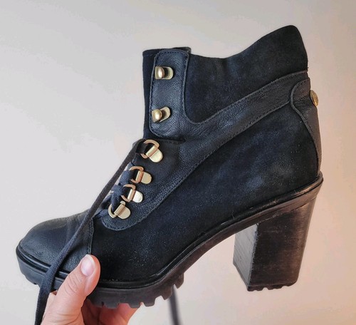 Vintage Guess Leder Stiefel Damen 9 Absätze Schwarz Wildleder Block Bootie Lug 90er Y2K - Bild 18 von 24