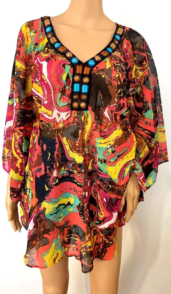 Blusa túnica boho John Paul Richard transparente con cuentas con joyas talla 1X D70 Foto 2 de 4