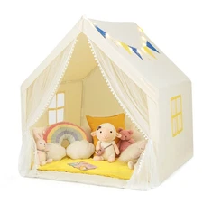 Kids Play Tent w/Cotton Mat Large House-Shaped Kids Playhouse for Toddlers Beige