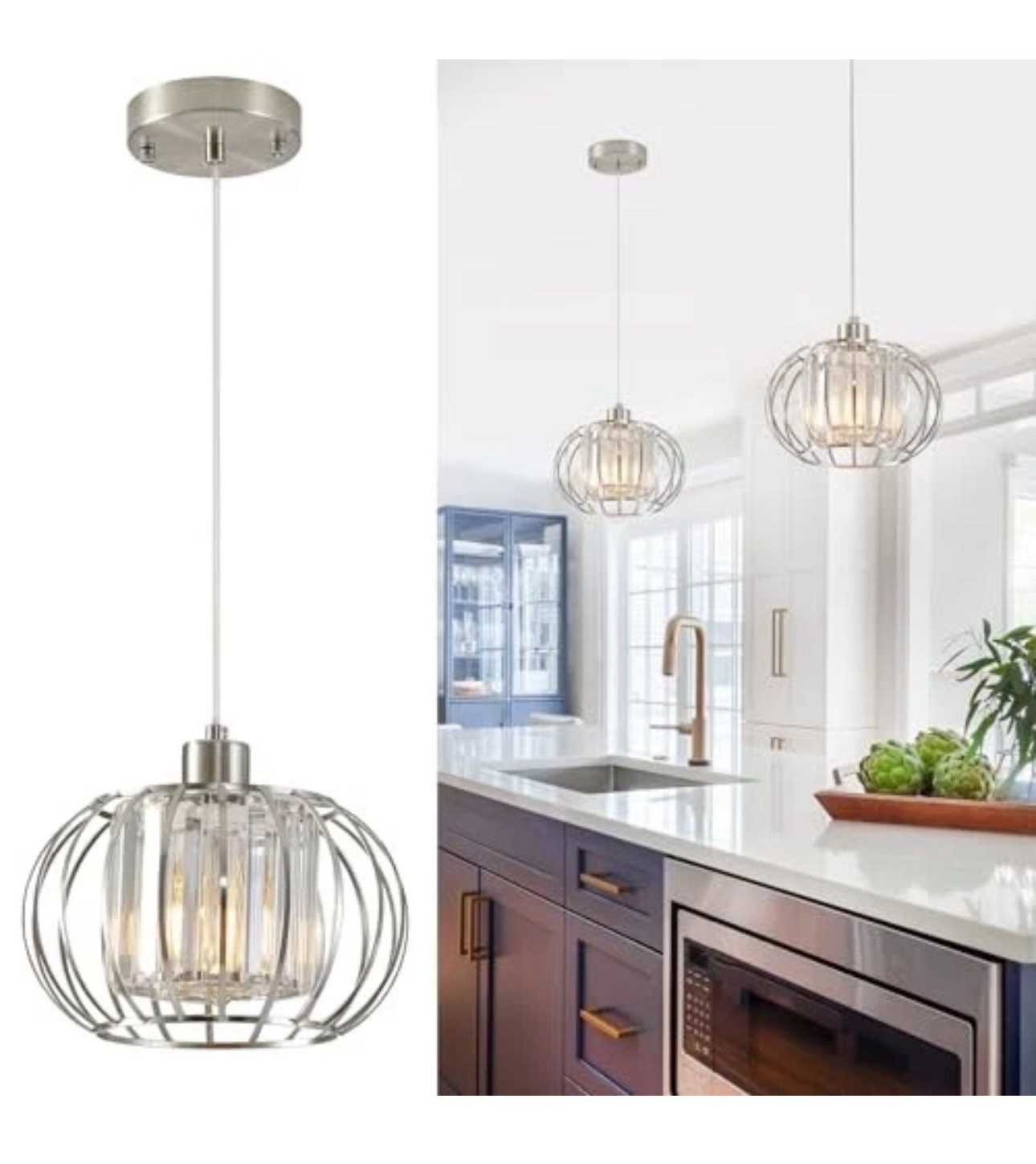 Brushed Nickel  Pendant Light Fixtures, Modern Crystal Hanging Ceiling Light