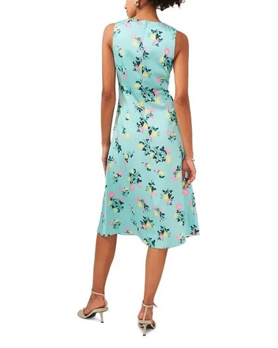 1. STATE Floral V-Neck Dress Women's Size 6 Ocean Teal Satin Sleeveless Midi - Picture 4 of 10
