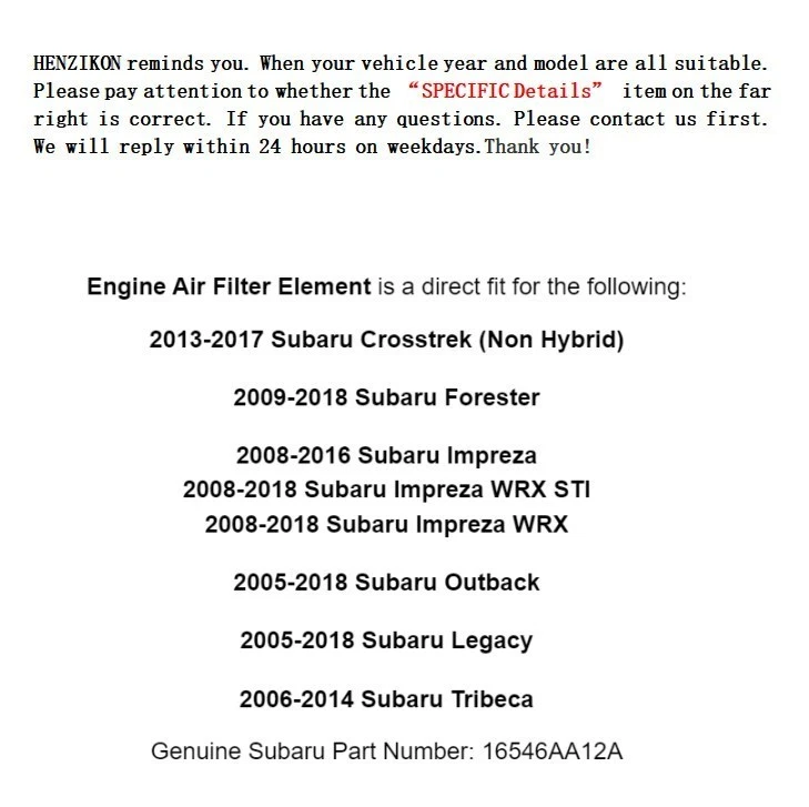 2005-2018 Subaru Engine Air Filter Element Impreza WRX STI Legacy NEW 16546AA12A - Image 2 of 4