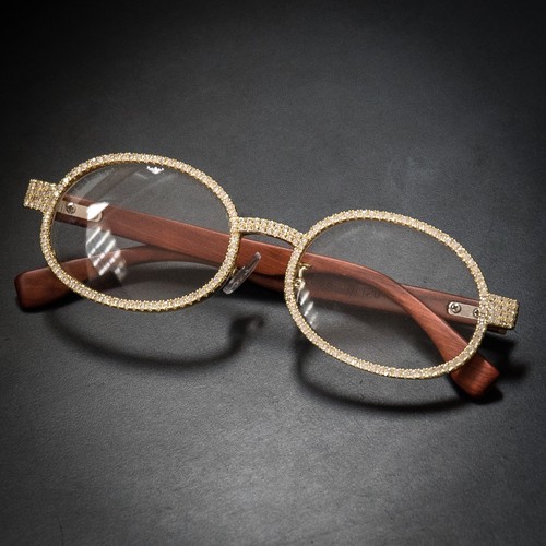 Verres transparents cadre en bois rond vintage 14 carats or hip-hop lunettes glacées pour hommes  - Photo 1 sur 4