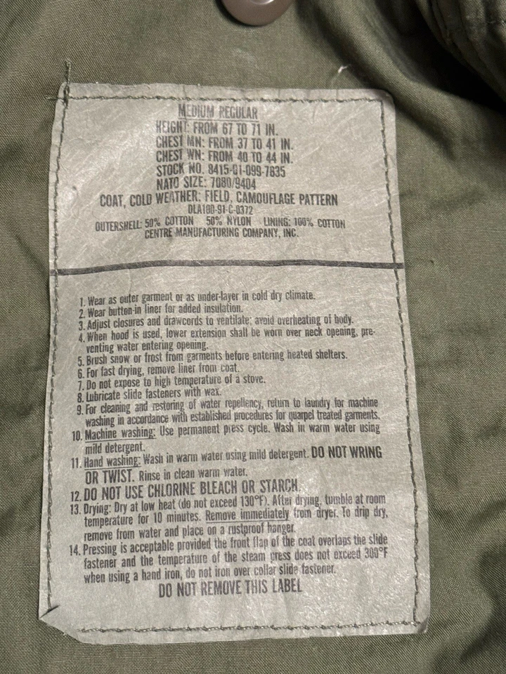 Abrigo Chaqueta Forrada de Campo Emitido por el Ejército de los Estados Unidos Clima Frío Bosque Camuflaje Talla M Foto 4 de 4