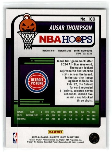 2023-24 Hoops Haunted Hoops #100 Ausar Thompson - Picture 2 of 2