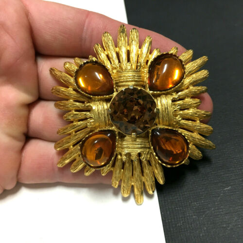 Big Modernist Goldtone 1970/'s Brooch with Faceted Brown Glass Stone-As is Free shipping.