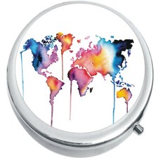 Watercolor World Map Globe Medicine Pill Box