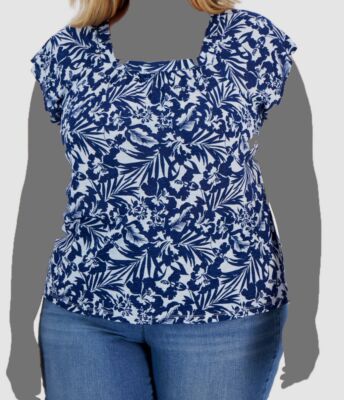 $49 Style & Co Women's Blue Floral Square-Neck Flutter-Sleeve Top Plus Size 0X