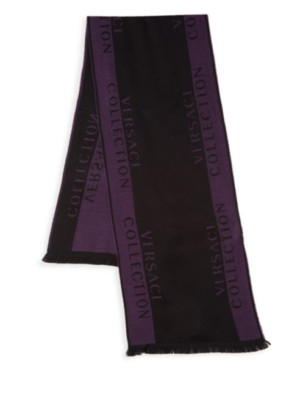 Versace Collection Wool / Acrylic Border Print Black Violet Scarf 15''W x 72''L 