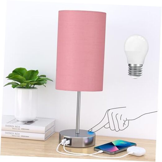 Table Lamp for Bedroom, 3 Way Dimmable Touch 14.25 in Pink Shade- Silver Base