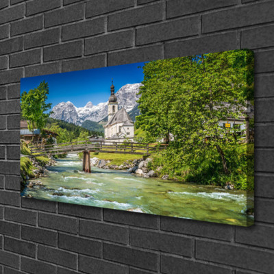 Leinwand-Bilder 100x50 Wandbild Canvas Kunstdruck Kirche Brücke See Bäume Natur