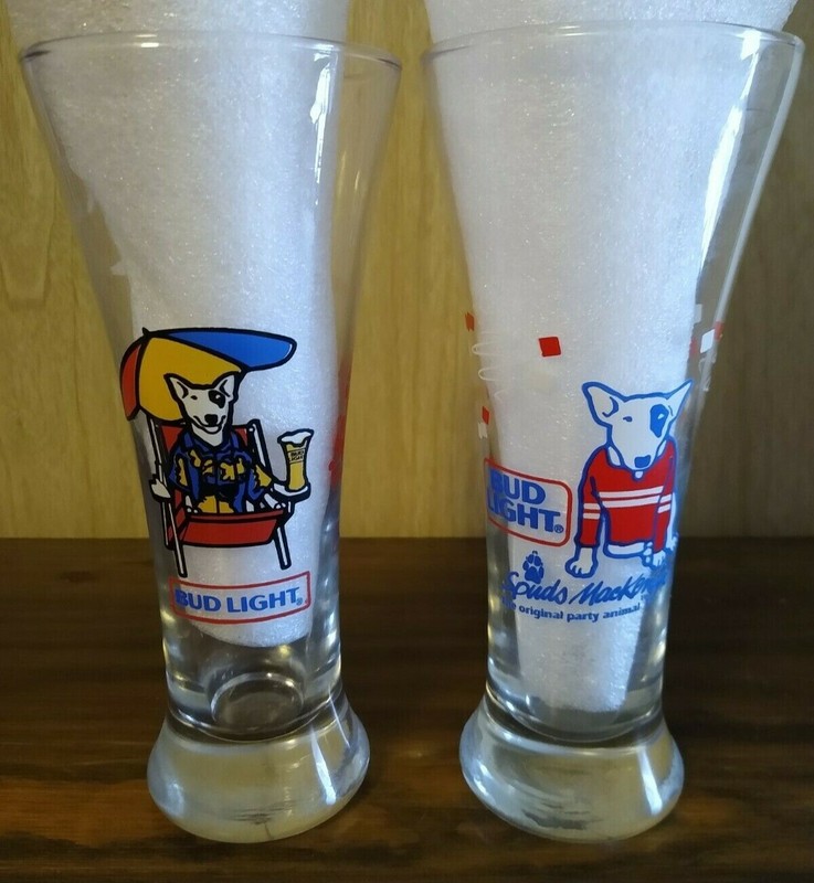 Vintage 1987 Bud Light Spuds Mackenzie Parasol and Red Sweater Pilsner Glasses