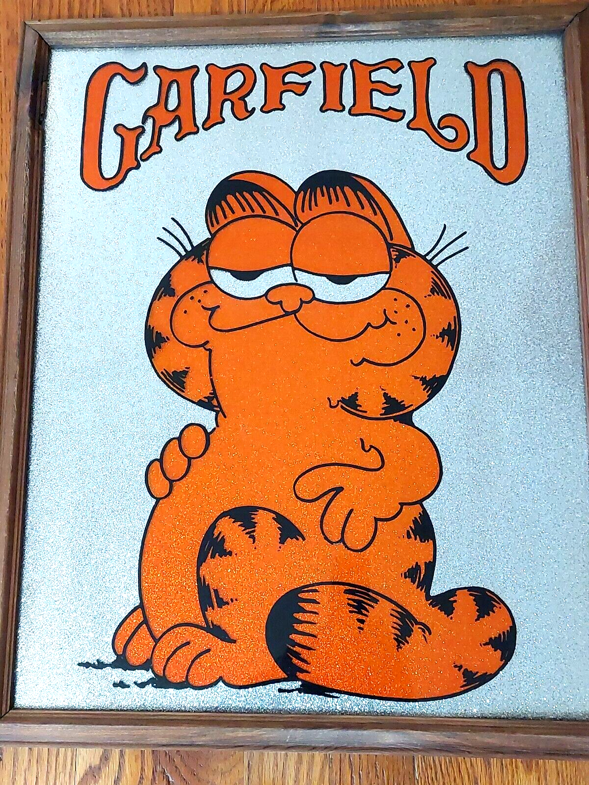 Garfield Glitter Picture (Large) Silver Wall Hanging Wood Frame Vtg 17. ...