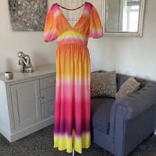 Pink & Orange Ombre V-Neck Short Puff Sleeve Open Back Flared Maxi Dress 10-12