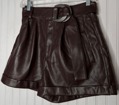 JS71  Women DRESS SHORTS S Vegan Leather Mocha Brown Belt Silver Zip NEW $175