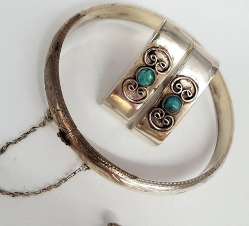 Vintage Sterling Silver Bracelet Set Safety Chain & SS Turquoise Clip-On Earring - Picture 2 of 3