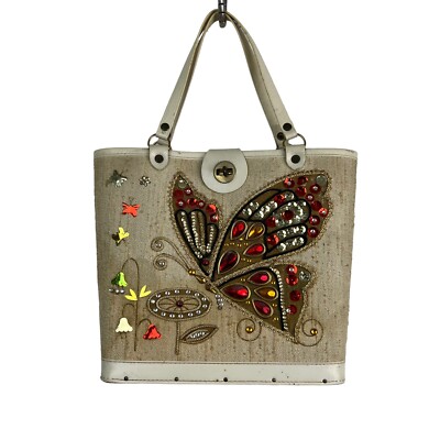 1960's Vtg Burlap Jeweled Handbag Butterfly Bucket Shoulder Bag