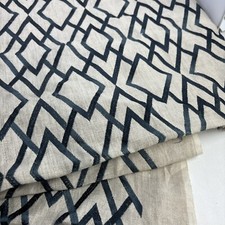 Flax linen with Navy Blue Embroidery Diamond 1.5 Yards X 51 Width Of Pattern