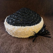 Vintage 1960s Braided Straw Pillbox Hat   Black White Retro Millinery Art Deco