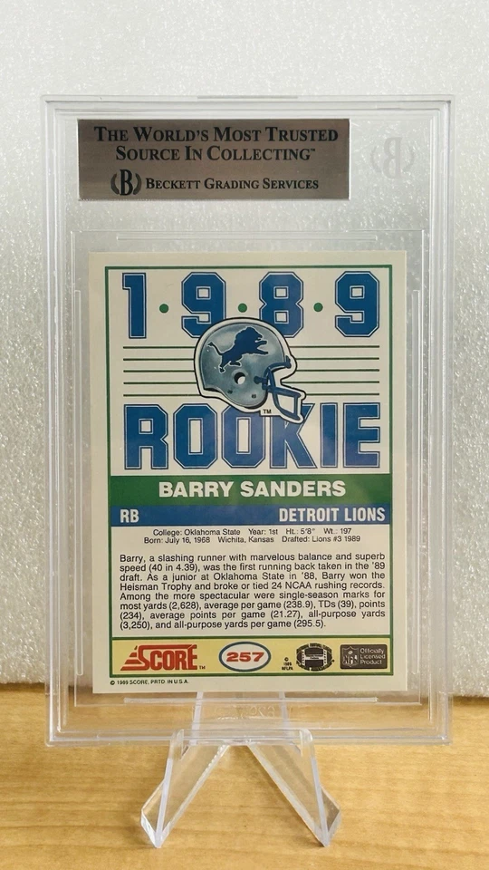 1989 Score Barry Sanders #257 (RC) BGS 8 Subs 7.5/9.5/9/9 Detroit Lions HOF - Image 3 of 3