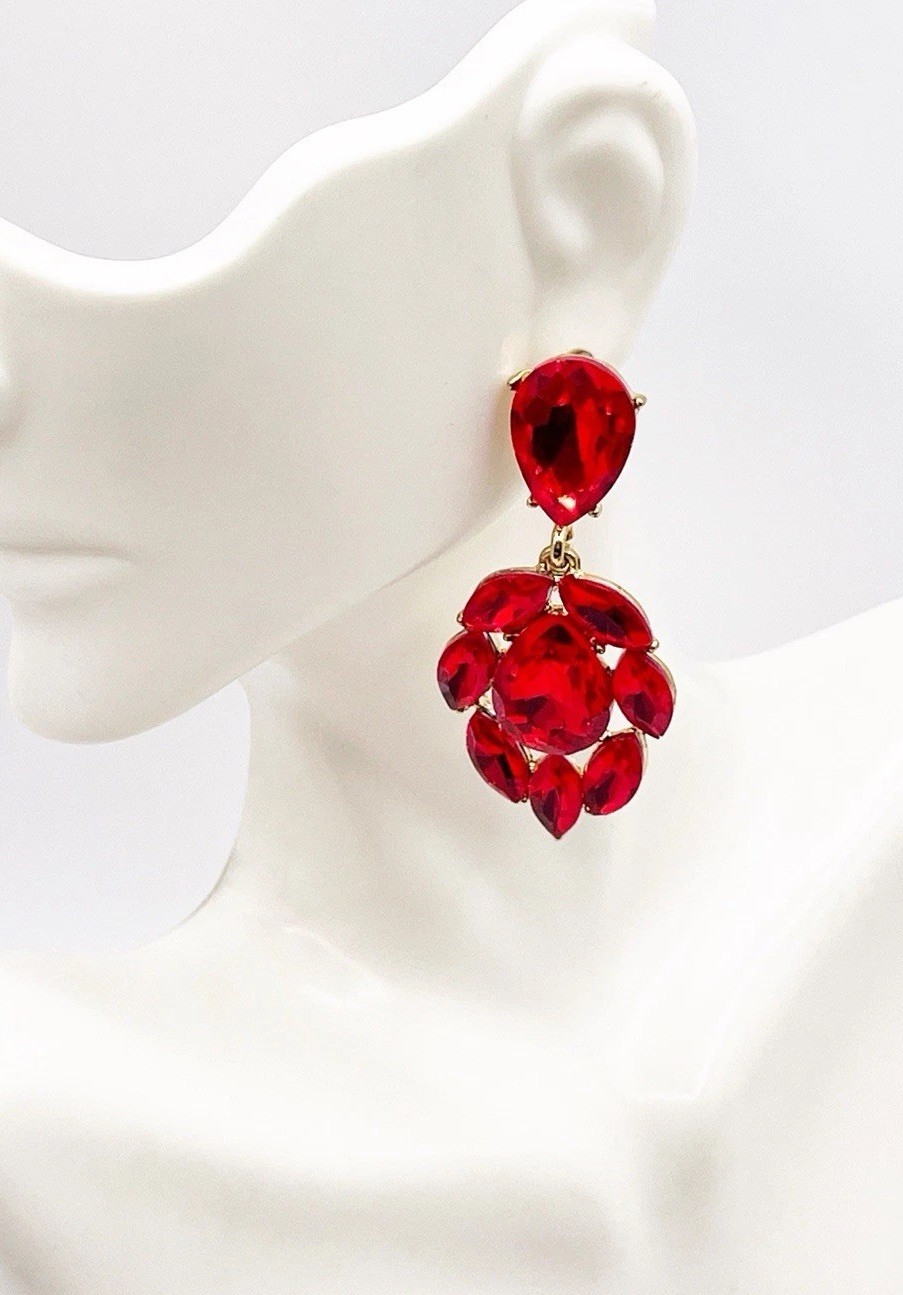 Red Rhinestone Chandelier Statement Earrings Gold… - image 3