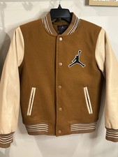 Nike Jordan Flight Varsity Jacket Boys 12-13 Brown Tan Leather Sleeves