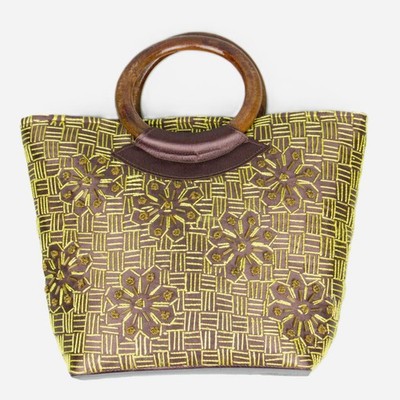 Vintage 60er Stil Torba Handtasche strukturiert Beuteltasche Holzgriffe Perlen bestickt