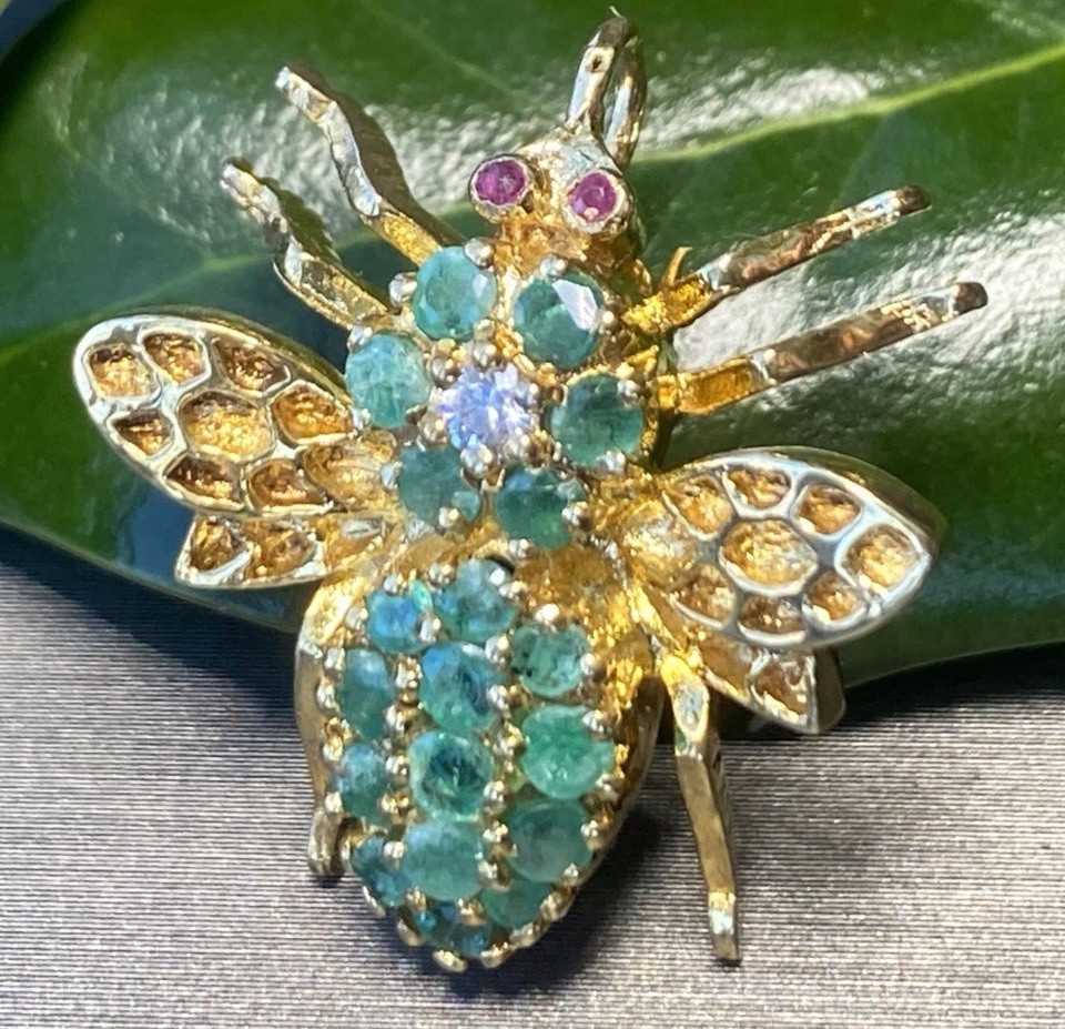 Victorian Diamond Emerald Ruby Antique Insect Fly… - image 1