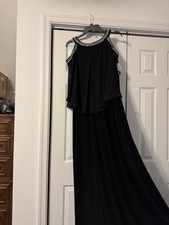Alex Evenings Black Chiffon Maxi Dress Rhinestone Round Neck Cold Shoulder