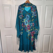 Serengeti Teal Floral Paisley Dress and Fringe Shawl Set Medium 2 Piece Chiffon
