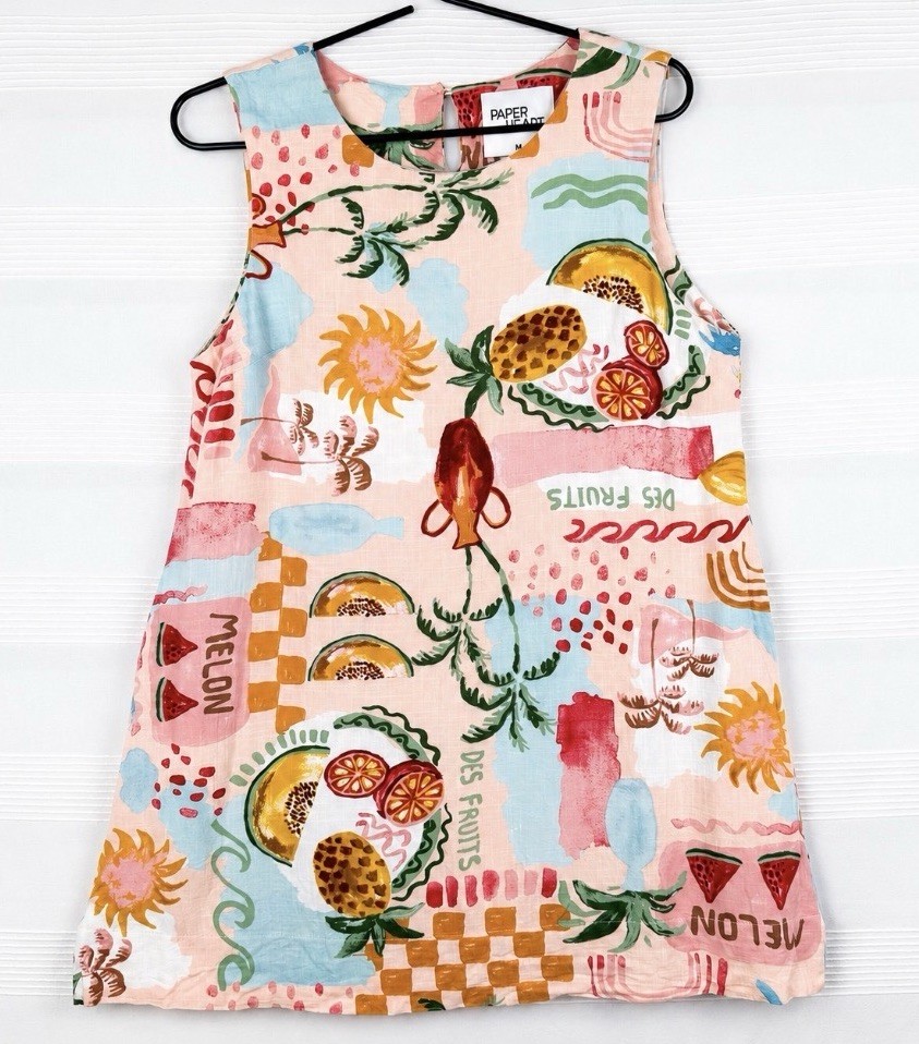 Paper Heart Linen Blend Fruit Print Mini Dress M Sleeveless Resort Coastal Boho