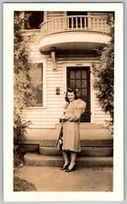 Vtg B&W Snapshot Woman In Fur-Trimmed Coat By House 1940s