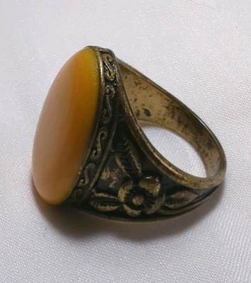 Vintage Bronze Messing osmanischer Ring gelber Achat Zard Aqeeq floral graviert Größe O