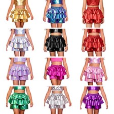 Girls Skirt Tiered Shorts Shiny Skort Layered Ruffle Built-In Shorts Breathable