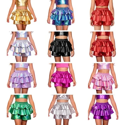 Mädchen Shorts Metallisch Skort Zerzaust Rock Festival Rüsche Party Glänzend - Bild 1 von 3