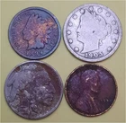 Lot of 4 Old Coins – 1 Indian Head Penny, 1 Lib V 5c, 1 Buffalo 5c & 1 Linc 1c