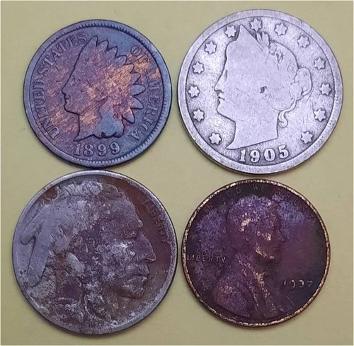 Lot of 4 Old Coins – 1 Indian Head Penny, 1 Lib V 5c, 1 Buffalo 5c & 1 Linc 1c